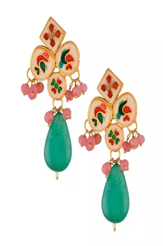 Green Pink Beaded Kundan Inspired Earrings