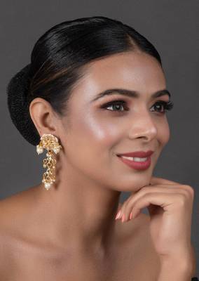 Gold Tone Pearl Beaded Kundan Contemporary Earrings 1