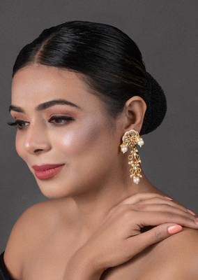 Gold Tone Pearl Beaded Kundan Contemporary Earrings 2