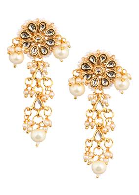 Gold Tone Pearl Beaded Kundan Contemporary Earrings 4