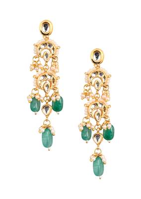 Emerald Beaded Kundan Contemporary Earrings 3