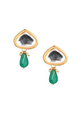 Gold Tone Emerald Beaded Kundan Contemporary Studs 3