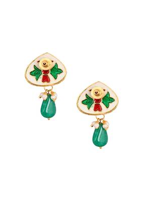 Gold Tone Emerald Beaded Kundan Contemporary Studs 4