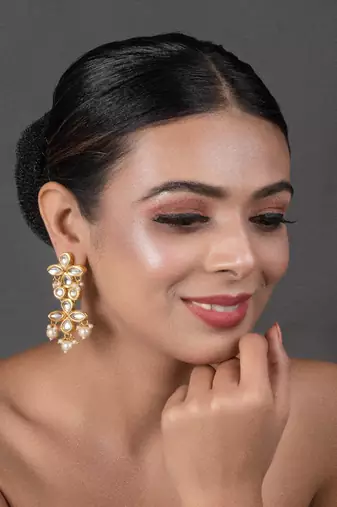 Gold Tone Pearl Beaded Kundan Earrings