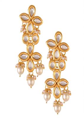 Gold Tone Pearl Beaded Kundan Earrings 4