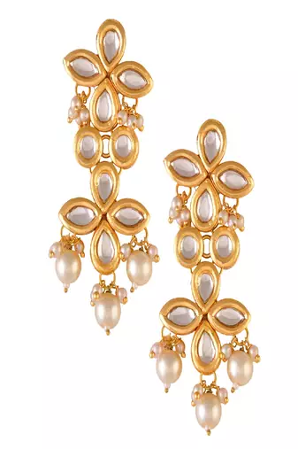 Gold Tone Pearl Beaded Kundan Earrings