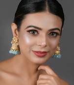 Gold Tone Blue Pearl Beaded Kundan Jhumki