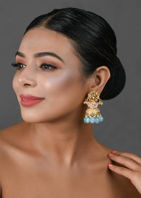 Gold Tone Blue Pearl Beaded Kundan Jhumki 3