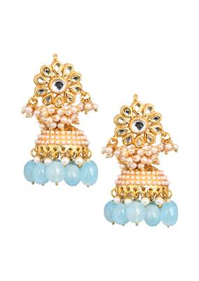 Gold Tone Blue Pearl Beaded Kundan Jhumki 4