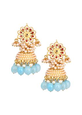 Gold Tone Blue Pearl Beaded Kundan Jhumki 5