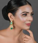 Green Gold Toned Pearl Beaded Kundan Jhumki