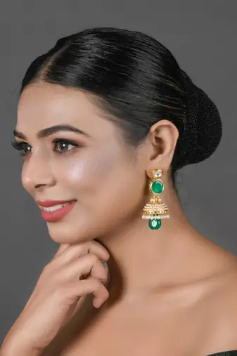 Green Gold Toned Pearl Beaded Kundan Jhumki