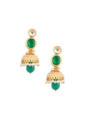 Green Gold Toned Pearl Beaded Kundan Jhumki 5