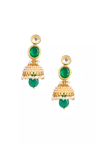Green Gold Toned Pearl Beaded Kundan Jhumki