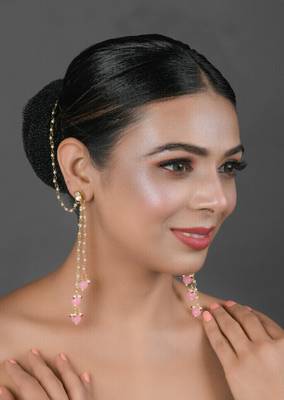 Gold Tone Kundan Inspired Pearl Tassel Earrings With Hair Chain 1