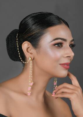 Gold Tone Kundan Inspired Pearl Tassel Earrings With Hair Chain 2