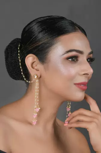 Gold Tone Kundan Inspired Pearl Tassel Earrings With Hair Chain