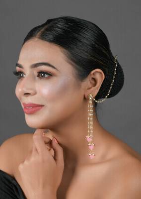 Gold Tone Kundan Inspired Pearl Tassel Earrings With Hair Chain 3
