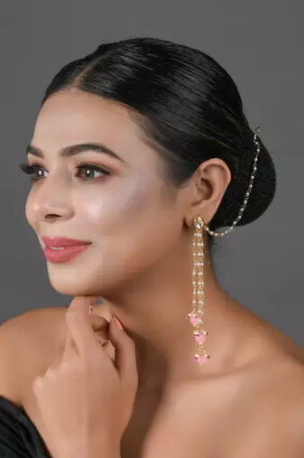Gold Tone Kundan Inspired Pearl Tassel Earrings With Hair Chain