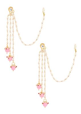 Gold Tone Kundan Inspired Pearl Tassel Earrings With Hair Chain 4