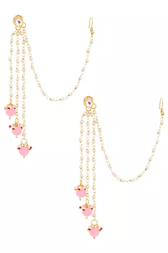 Gold Tone Kundan Inspired Pearl Tassel Earrings With Hair Chain