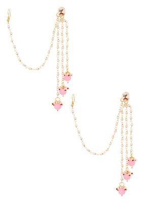 Gold Tone Kundan Inspired Pearl Tassel Earrings With Hair Chain 5