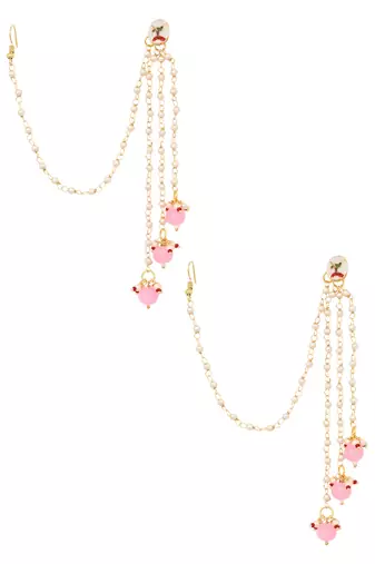 Gold Tone Kundan Inspired Pearl Tassel Earrings With Hair Chain