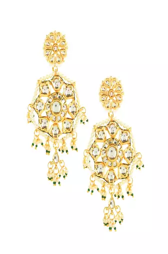 Gold Toned Kundan Circular Drop Earrings