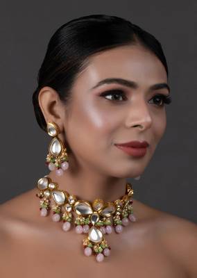 Handcrafted Kundan Pastel Beaded Necklace With Earrings 1