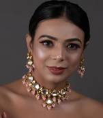 Pearl & Pink Beaded Gold Tone Kundan Necklace With Earrings