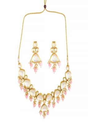 Pearl & Pink Beaded Gold Tone Kundan Necklace With Earrings 4