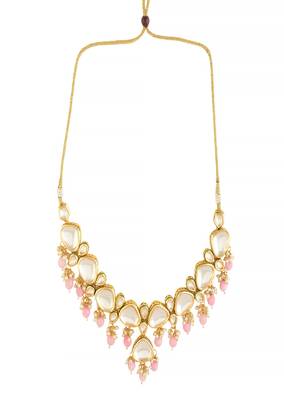 Pearl & Pink Beaded Gold Tone Kundan Necklace With Earrings 5
