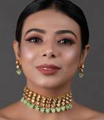 Pastel Green Gold Tone Kundan Beaded Choker Necklace With Earrings