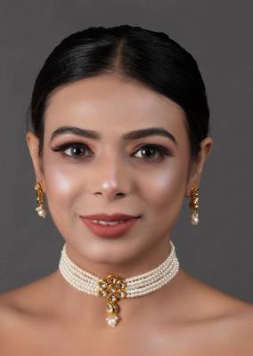 Pearl Beaded Kundan Floral Choker Necklace With Earrings 1