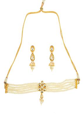 Pearl Beaded Kundan Floral Choker Necklace With Earrings 4
