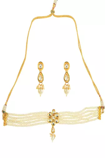 Pearl Beaded Kundan Floral Choker Necklace With Earrings