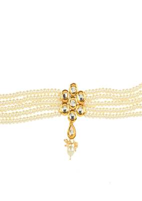 Pearl Beaded Kundan Floral Choker Necklace With Earrings 5