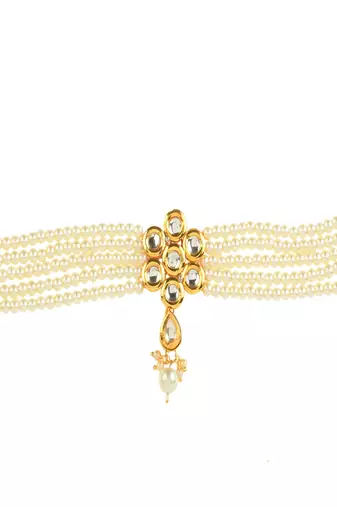 Pearl Beaded Kundan Floral Choker Necklace With Earrings