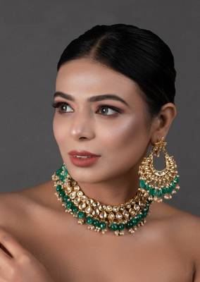 Emerald Beaded Gold Toned Necklace With Chandbali 1