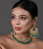 Emerald Beaded Gold Toned Necklace With Chandbali