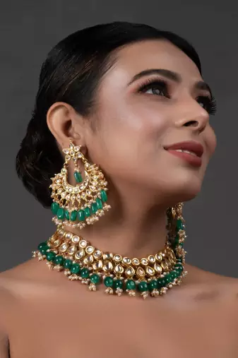Emerald Beaded Gold Toned Necklace With Chandbali