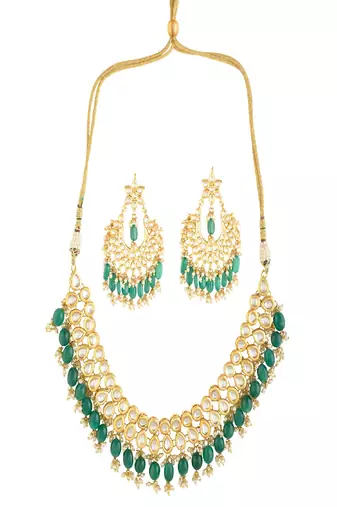 Emerald Beaded Gold Toned Necklace With Chandbali