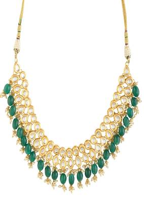Emerald Beaded Gold Toned Necklace With Chandbali 4
