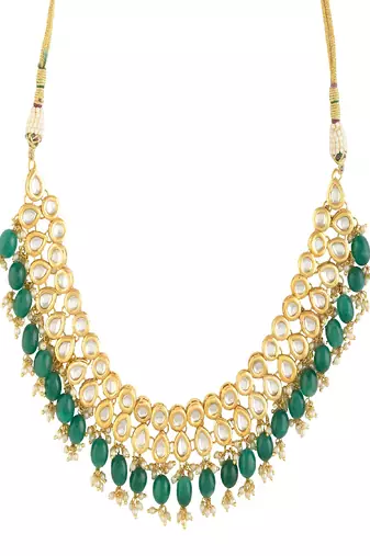 Emerald Beaded Gold Toned Necklace With Chandbali