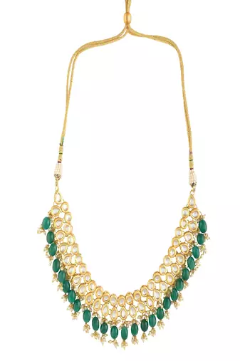 Emerald Beaded Gold Toned Necklace With Chandbali