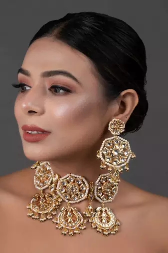 Kundan Inspired Pearl Necklace With Earrings
