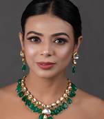 Emerald Beaded Gold Toned Kundan Necklace With Earrings