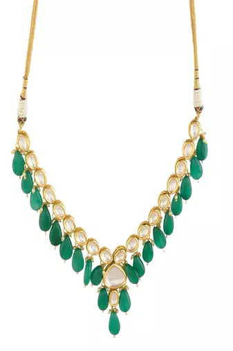 Emerald Beaded Gold Toned Kundan Necklace With Earrings