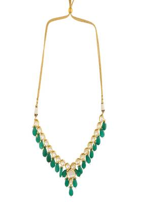 Emerald Beaded Gold Toned Kundan Necklace With Earrings 5
