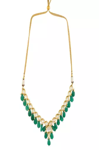 Emerald Beaded Gold Toned Kundan Necklace With Earrings